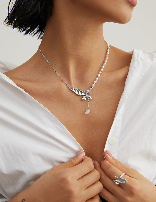 Sterling Silver Butterfly Pearl Necklace
